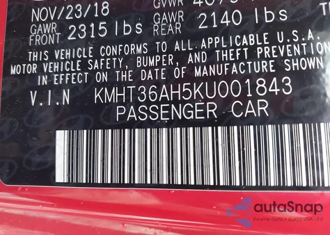 2019 Hyundai Veloster N z USA, uszkodzony, nr VIN KMHT36AH5KU001843